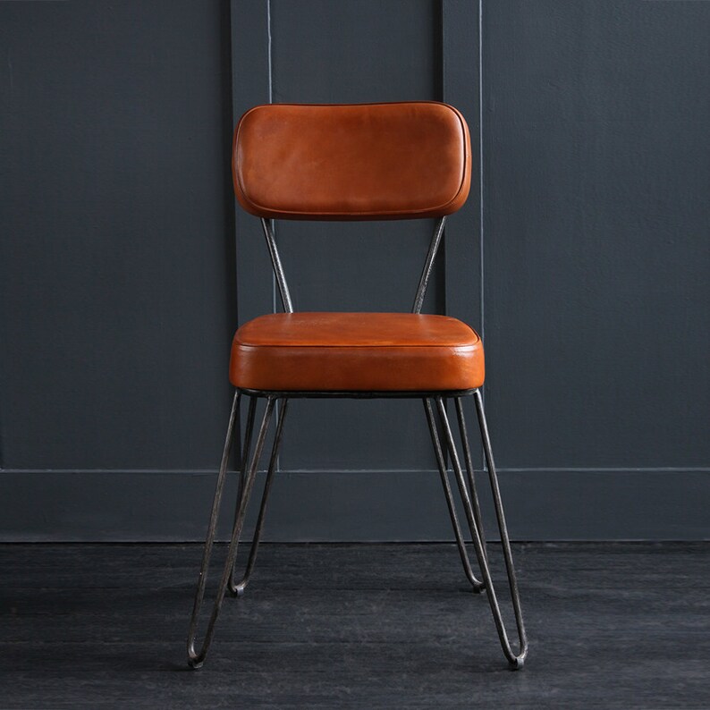 Hairpin Dining Chair Tan Leather Upholstered Seat & Black Metal Industrial Legs Base Kitchen Breakfast Bar Hotel Industrial Luxury Seating 