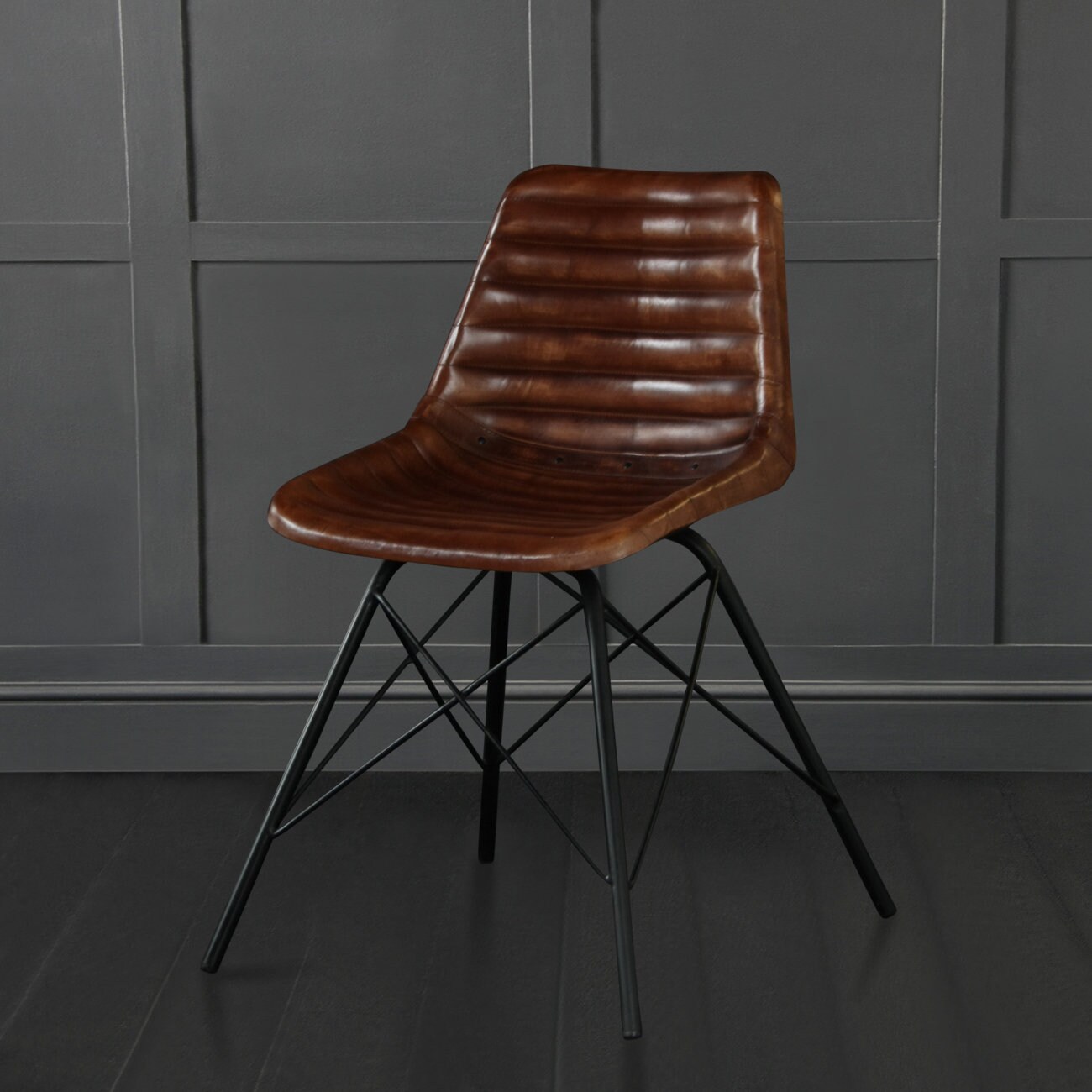 Cross Leg Dining Chair Brown Ribbed Leather Seat & Black Metal Etsy