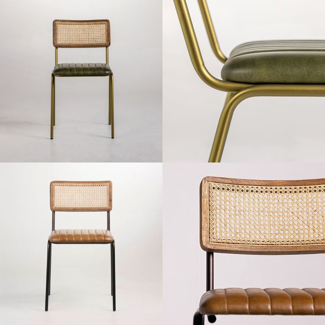 Bexley Dining Chair Leather Seat and Wooden Rattan Detailed Backrest