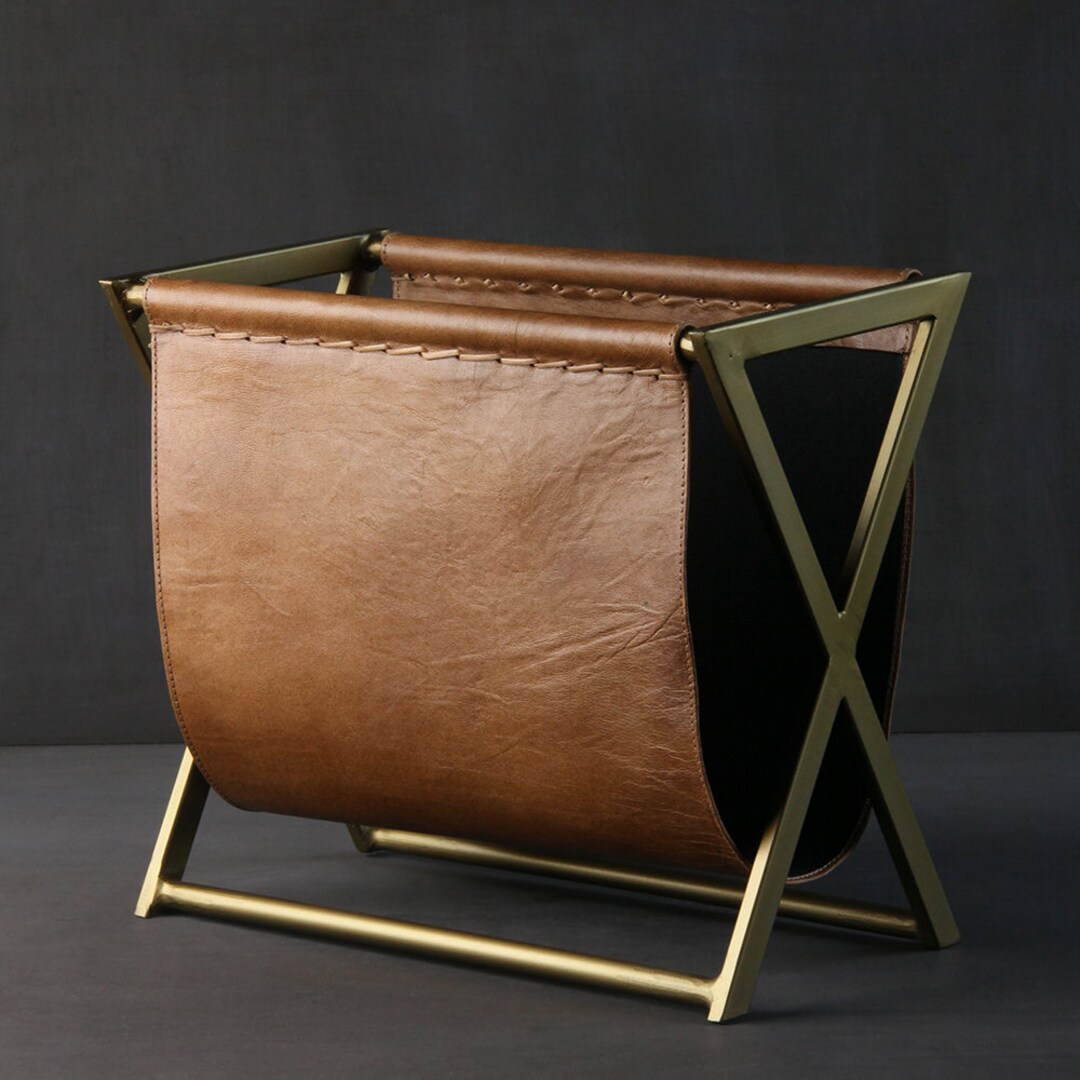 Dalston Magazine Rack Tan Real Leather Folder Industrial Style - Etsy UK