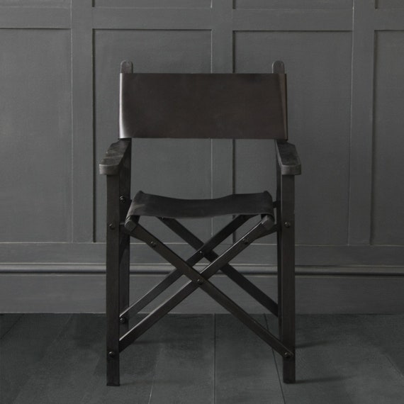 Black Leather Directors Chair Solid Wood Sturdy Buffalo Etsy