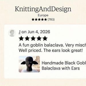 May include: A black knitted balaclava featuring prominent pointed ears and a cutout for the eyes and mouth. The item is displayed on a mannequin head, showcasing the textured fabric construction and the distinct goblin-like ear design.