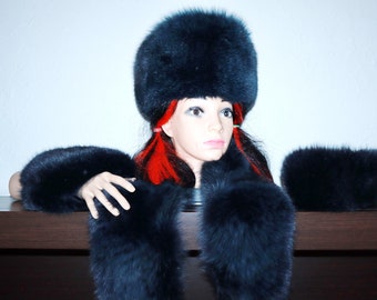 Set of Blue Fox Fur Collar, hat And Cuffs,Blue Fox Collar Set With Fox Fur Cuffs,Elegant Blue Fox Fur,