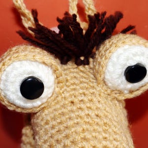 May include: Close-up of a handmade, crocheted creature with large, expressive eyes. The eyes are white with black button pupils. The creature is tan with brown yarn hair and a tan loop at the top.