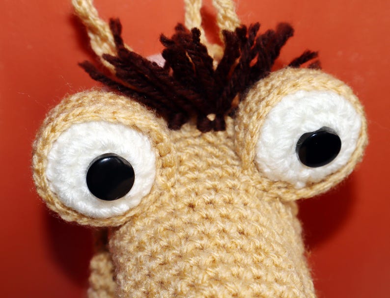 May include: Close-up of a handmade, crocheted creature with large, expressive eyes. The eyes are white with black button pupils. The creature is tan with brown yarn hair and a tan loop at the top.