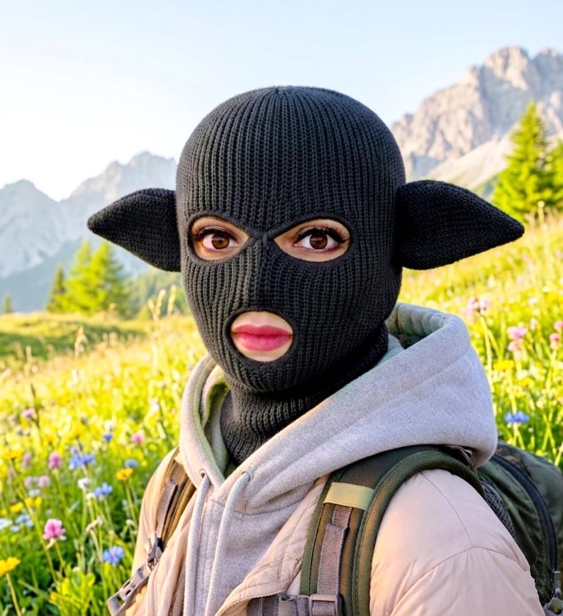 May include: A black knit balaclava featuring two pointed, ear-like protrusions on the sides. The headgear has a ribbed texture and includes openings for the eyes and mouth, covering the head and neck completely with a snug, fitted construction.