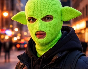 Goblin mask, Handmade green Neon  black Balaclava with Ears, creepy balaclava.