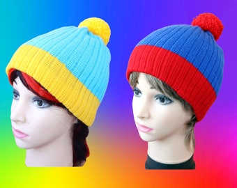 Blue Yellow hat ,Red Blue,Knit Cap Costume,beanie hat, South Park hat pompom,South Park Hat Beanie ,Craig Tucker hats