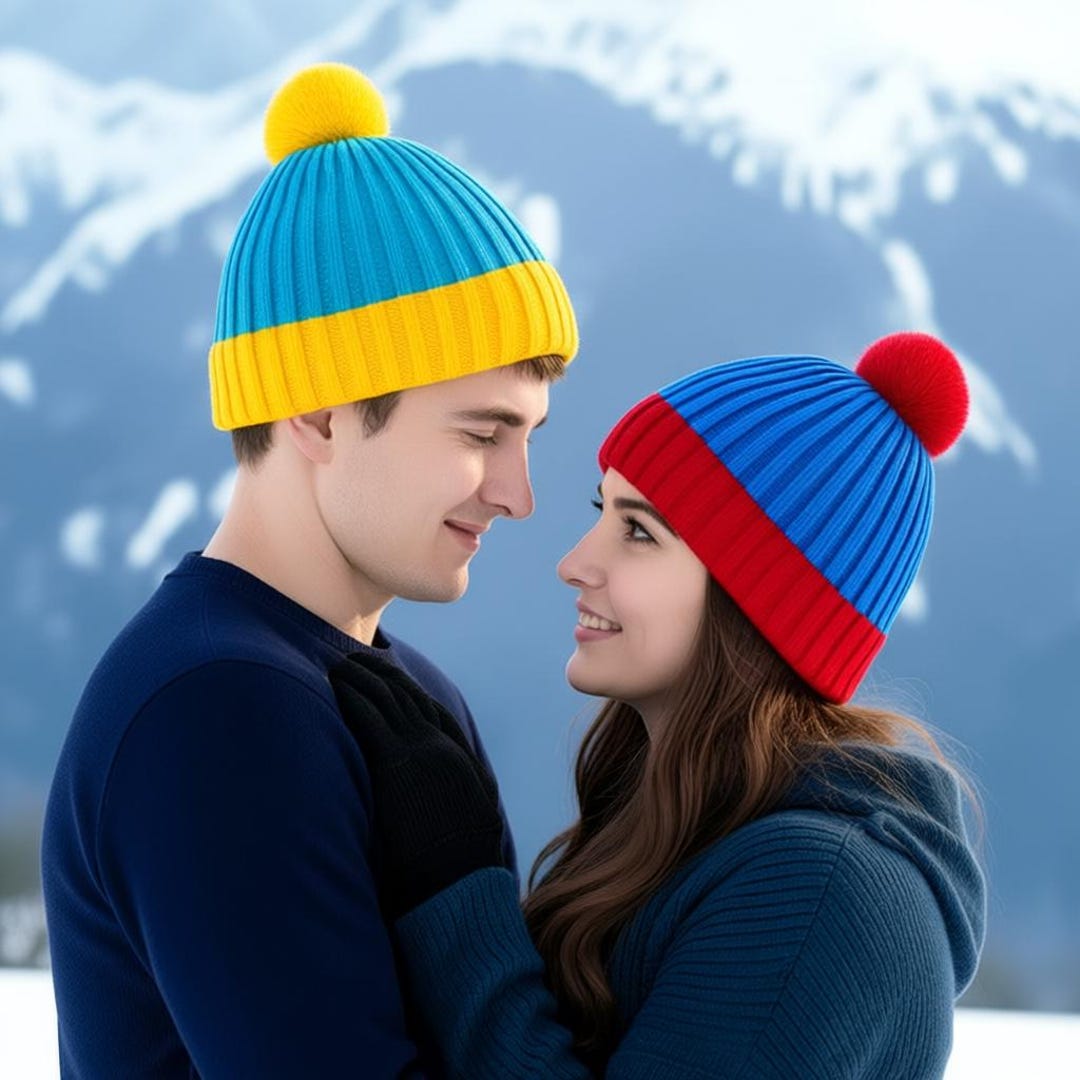 ポンポン付きハンドメイドの赤と青のニットビーニー - Etsy 日本