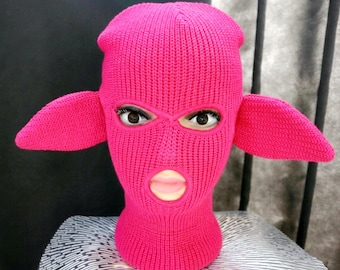 Knit Balaclava with Ears - Handmade Crochet  3-Hole Ski Mask - Full Face Cover for Snowboarding - Gothic Distressed  Mask - Black Red  Pink