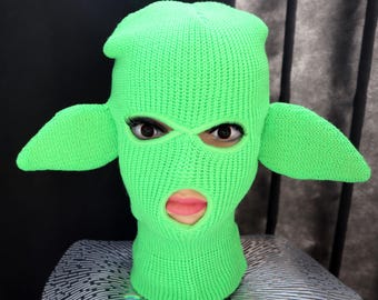 grüne Kobold Maske, Handgefertigte Neon Balaclava mit Ohren, gestrickte Ski Maske