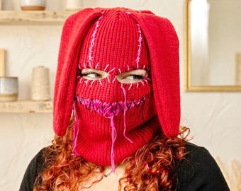 Hand-Knit Bunny Balaclava Ski Mask, Crochet Festival Gear with Ears