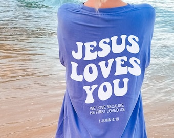 More colors | Comfort Colors T-shirt | Christian | Jesus Loves You | Big Letters on back | Beach coverup | Spring Summer Tee | Words on back