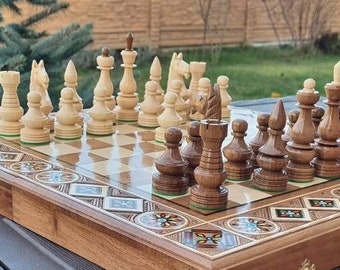 Hand carved chess table board set with storage, Luxury chessboards, Large chess set wood, Wooden chess board setbackgammon checkers chess