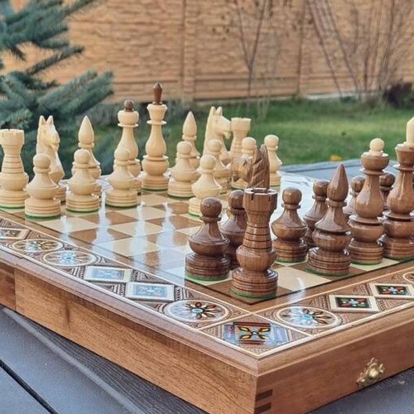 Hand carved chess table board set with storage, Luxury chessboards, Large chess set wood, Wooden chess board setbackgammon checkers chess