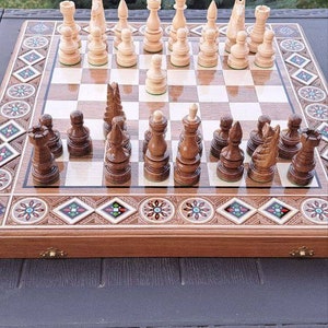 Hand carved chess table board set with storage, Luxury chessboards, Large chess set wood, Wooden chess board setbackgammon checkers chess zdjęcie 7