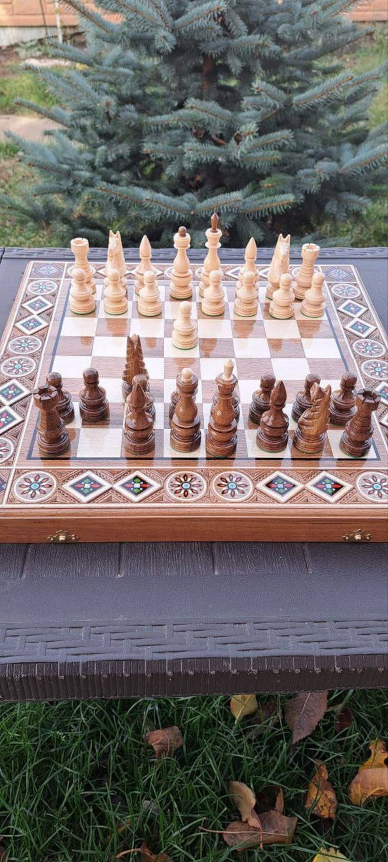 Hand carved chess table board set with storage, Luxury chessboards, Large chess set wood, Wooden chess board setbackgammon checkers chess image 7