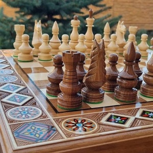 Hand carved chess table board set with storage, Luxury chessboards, Large chess set wood, Wooden chess board setbackgammon checkers chess image 2