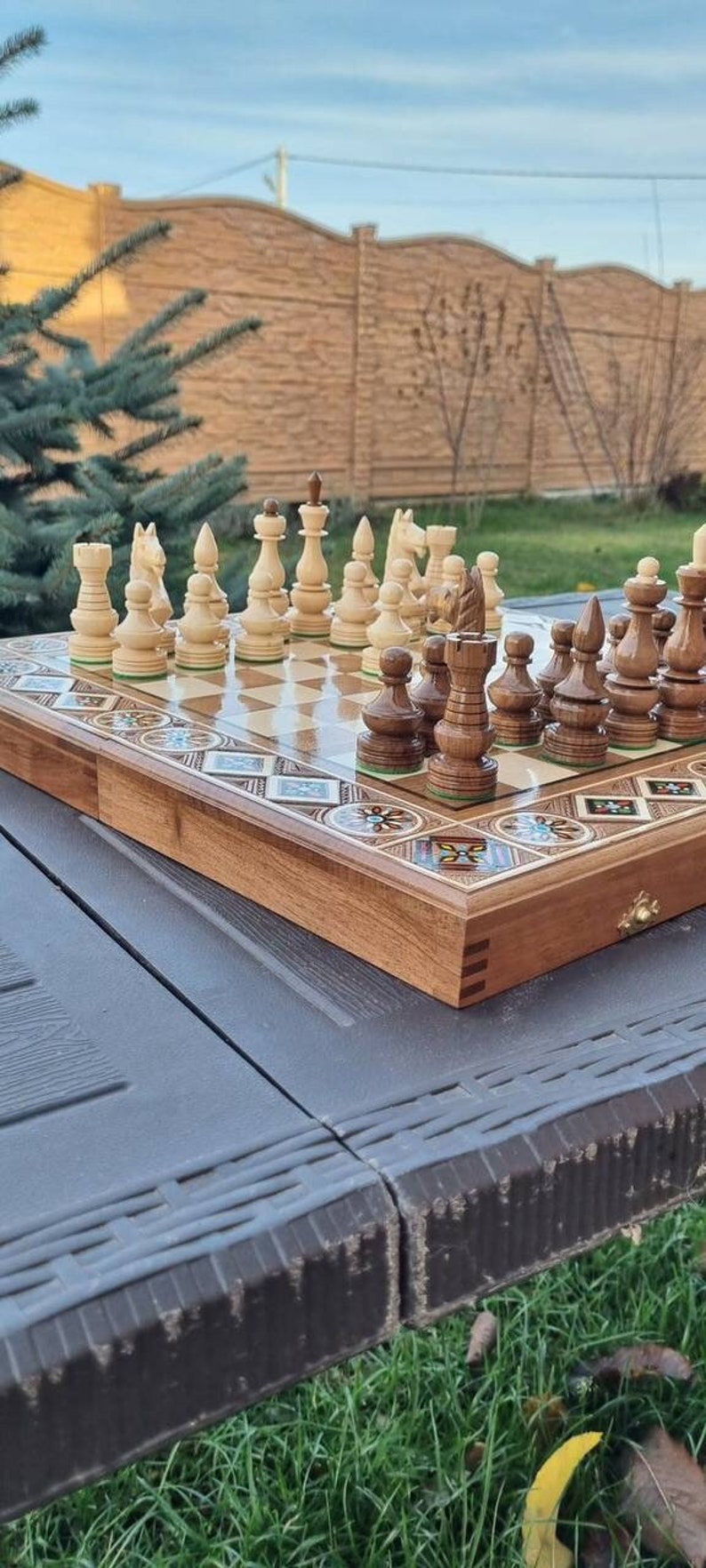 Hand carved chess table board set with storage, Luxury chessboards, Large chess set wood, Wooden chess board setbackgammon checkers chess zdjęcie 1