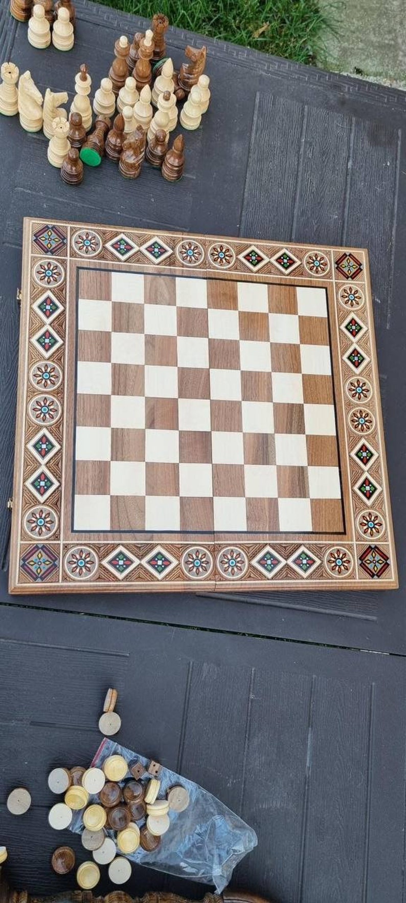 Hand carved chess table board set with storage, Luxury chessboards, Large chess set wood, Wooden chess board setbackgammon checkers chess zdjęcie 4