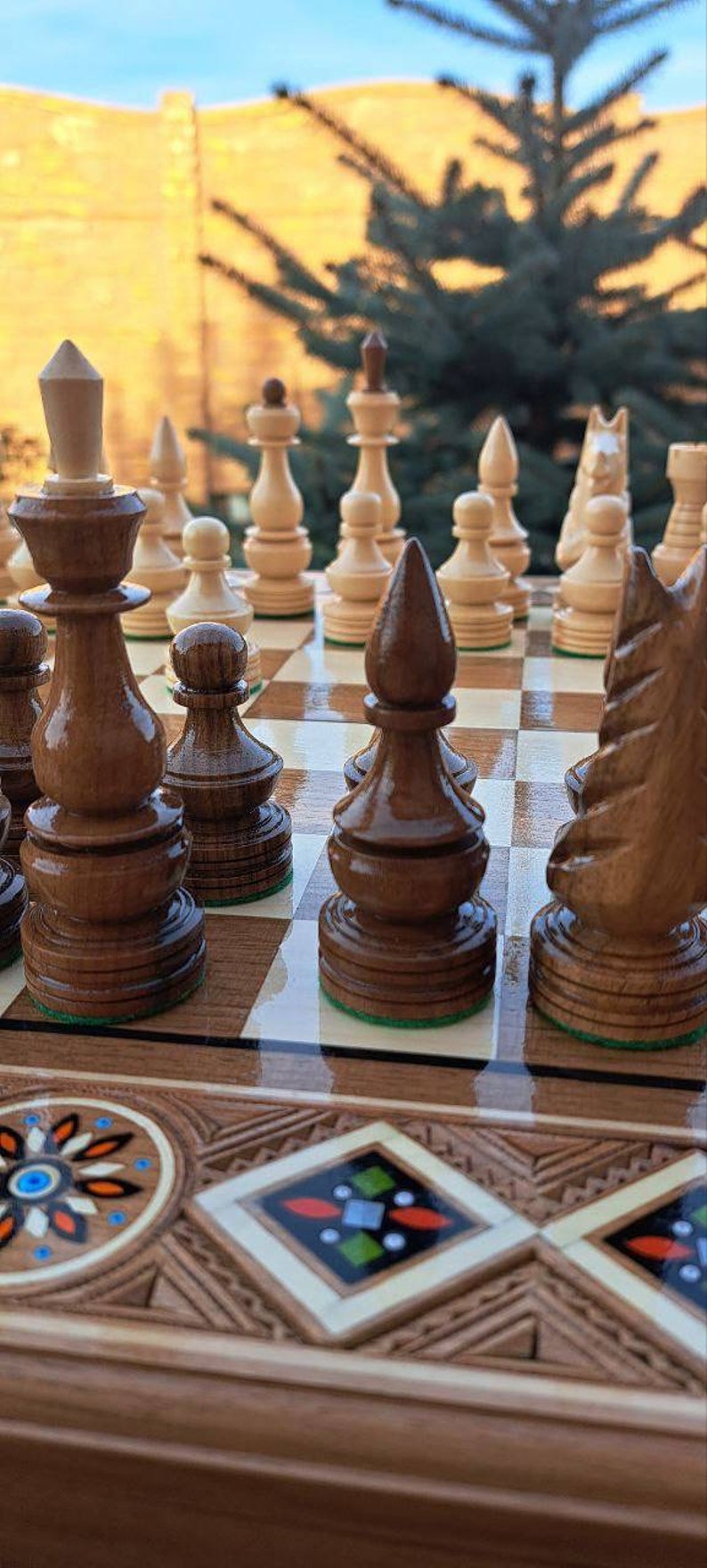 Hand carved chess table board set with storage, Luxury chessboards, Large chess set wood, Wooden chess board setbackgammon checkers chess zdjęcie 3