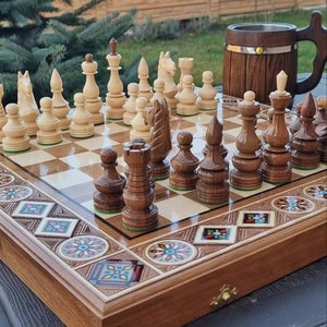 Hand carved chess table board set with storage, Luxury chessboards, Large chess set wood, Wooden chess board setbackgammon checkers chess image 8