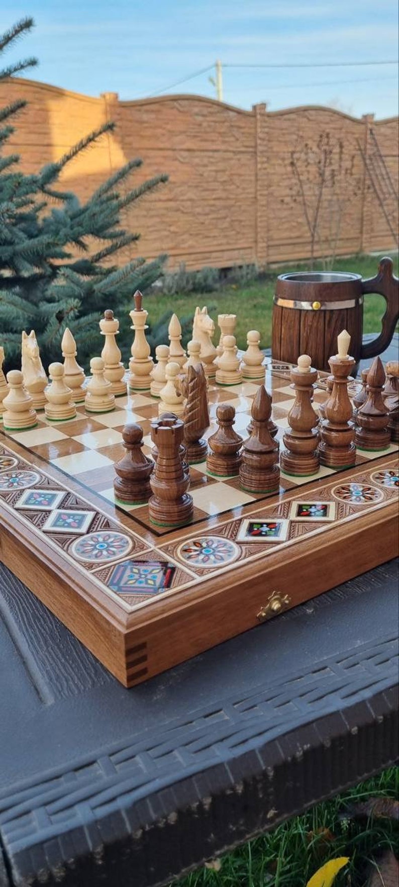 Hand carved chess table board set with storage, Luxury chessboards, Large chess set wood, Wooden chess board setbackgammon checkers chess image 8