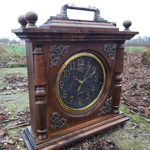 Hand Carved Walnut Wood Clock: Vintage Mantel Decor