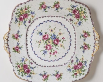 Antique Royal Albert Petit Point Cake Plate – Square Ruffled Bone China with Handles – Made in England – Replacement Piece