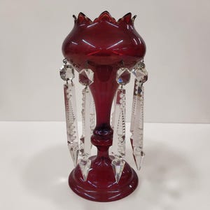 Antique Bohemian Ruby Cranberry Glass Mantel Lustre | Cut Crystal Prisms Victorian Mantle Decor