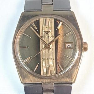 Vintage 1970s Wittnauer Men&#39;s Quartz Wristwatch Two Tone Gold Brown Dial