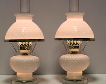 White Milk Glass Hobnail Gone with the Wind Hurricane Lamp – Vintage 3-Way Table Lamp