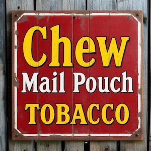 May include: A rectangular wooden sign with the words "Chew Mail Pouch TOBACCO" in yellow and white lettering against a red background. The sign has a white border and a distressed, vintage appearance.