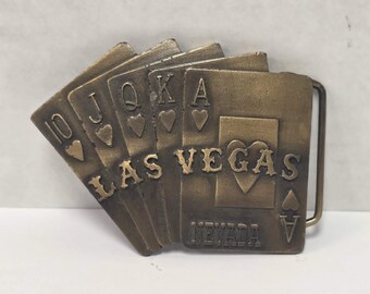 Vintage Las Vegas Nevada Brass Belt Buckle – Straight Flush Poker Hand