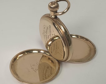 Swiss Full Hunter Pocket Watch Gold Plate Dennison Case Alfred Bruce 1910 Presentation Antique Timepiece