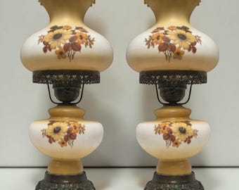 Vintage Gone with the Wind Hurricane Lamp – Pastel Yellow Cornflower 3-Way Table Lamp (Sold Individually)