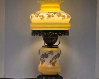 Vintage Gone with the Wind Hurricane Lamp – Petite Yellow Floral Tri-Light Table Lamp