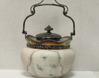 Victorian Mount Washington Biscuit Barrel – Pastel Pink & Blue Floral Glass – Antique Tea Decor