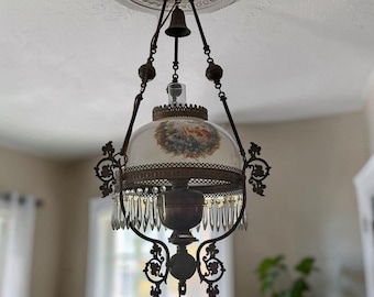Antique 1880s Hanging Lamp Electrified | Victorian Iron & Brass Ceiling Light with 14" Shade