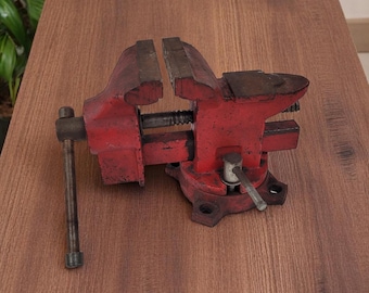 Vintage 4" Red Bench Vise With Swivel Base Made In Korea