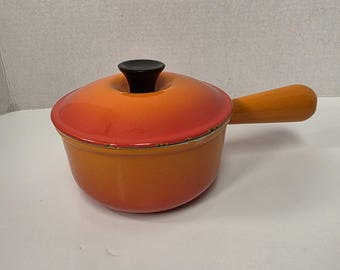 Vintage Le Creuset #14 Saucepan Flame Orange Cast Iron Pan with Hollow Handle Excellent Condition