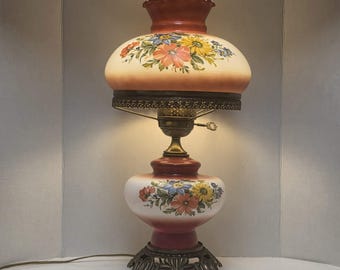 Vintage Gone with the Wind Hurricane Lamp – Red & White Floral Tri-Light Parlor Lamp