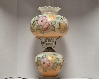 Vintage Gone with the Wind Hurricane Lamp – Pink Cosmos & Yellow Rose Floral 3-Way Parlor Lamp