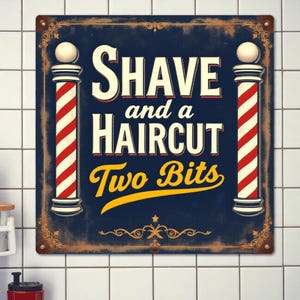 Shave and a Haircut Two Bits Metal Barber Sign – Handmade Vintage Style