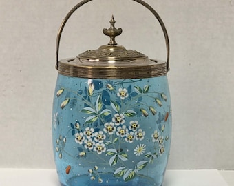 Victorian Pastel Blue Glass Biscuit Barrel – Hand-Painted Flowers, Butterflies & Bees