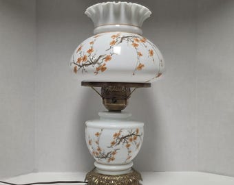 Vintage Gone with the Wind Hurricane Lamp – Cherry Blossom Floral 3-Way Parlor Lamp