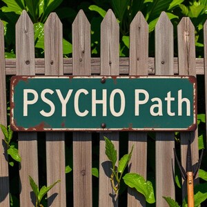 May include: A rectangular, distressed green metal sign with the words "PSYCHO Path" in white lettering. The sign is mounted on a weathered wooden fence, with green foliage in the background. The sign has a rusty border.