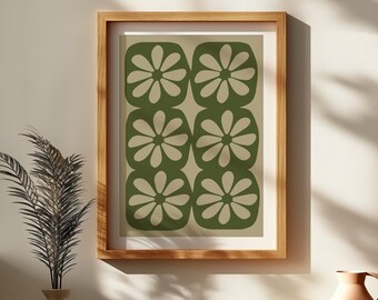 Pintura de flores onduladas verdes Pintura floral verde Decoración hippie Pop de color Arte de pared Arte pop colorido Color Pop Art Arte pop simple