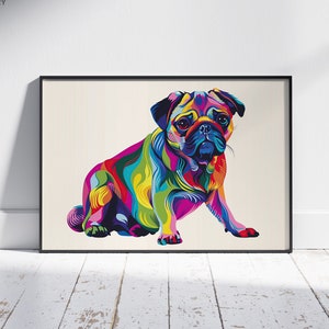 Colorful pug dog print, vibrant pop art pet wall decor, bold modern pug portrait for playful homes