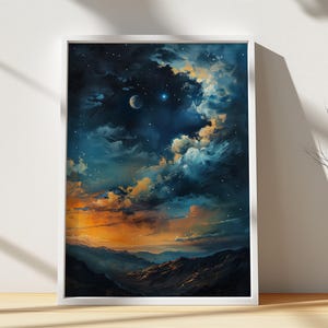 Kosmische Berglandschaft Kunst, Verträumter Nachthimmel Poster, Twilight Galaxy Wanddruck, Surreale Sonnenuntergang Sternenszene